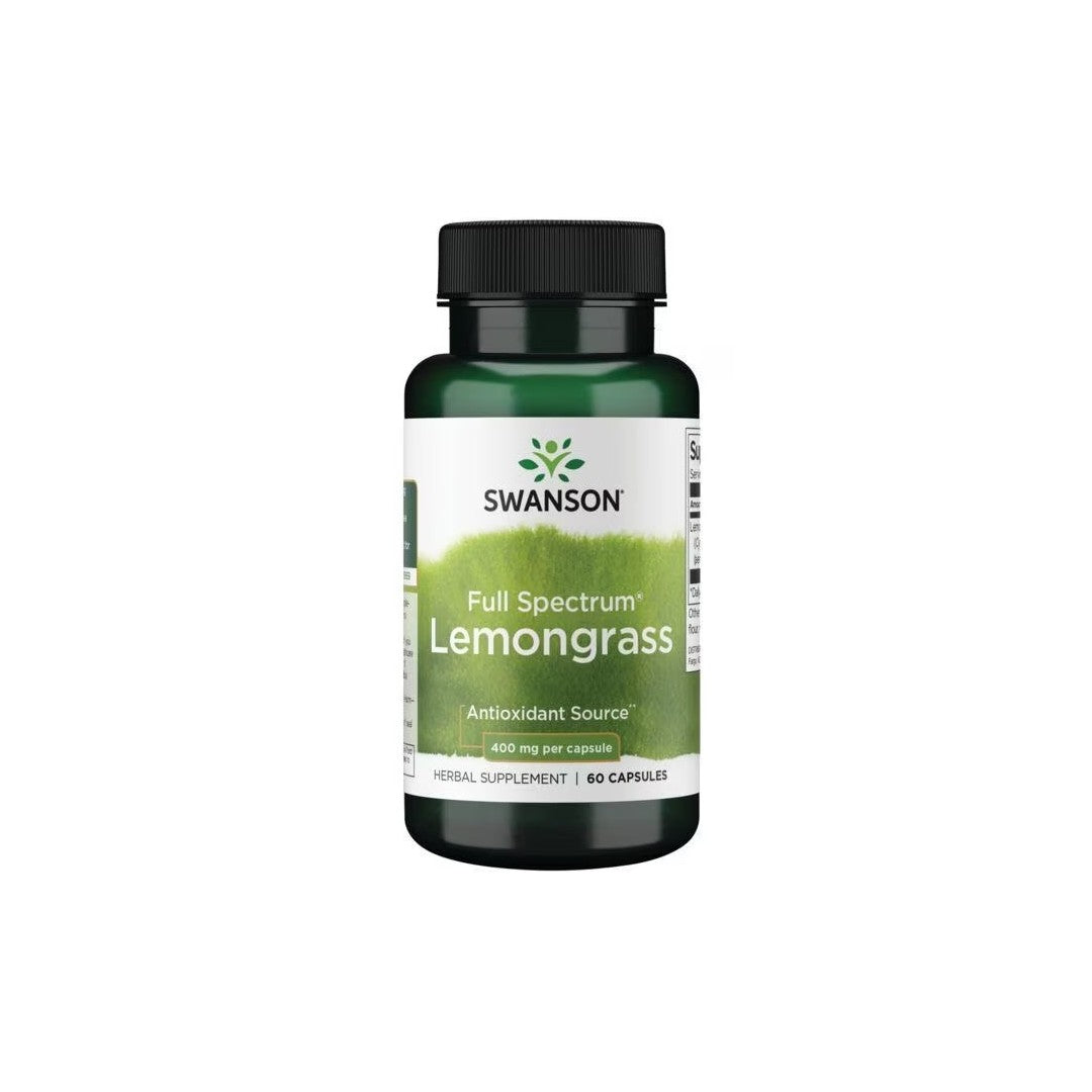 A bottle of Swanson Full Spectrum Lemongrass 400 mg 60 Capsules supplement, labeled as an antioxidant and immune system support source, containing 60 capsules.