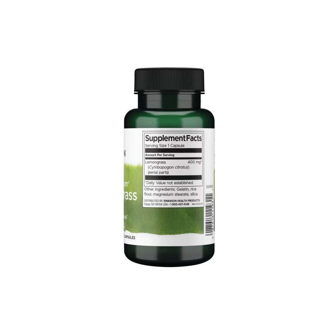 A green bottle of Swanson Full Spectrum Lemongrass 400 mg 60 Capsules with a label showing nutritional information and ingredients.
