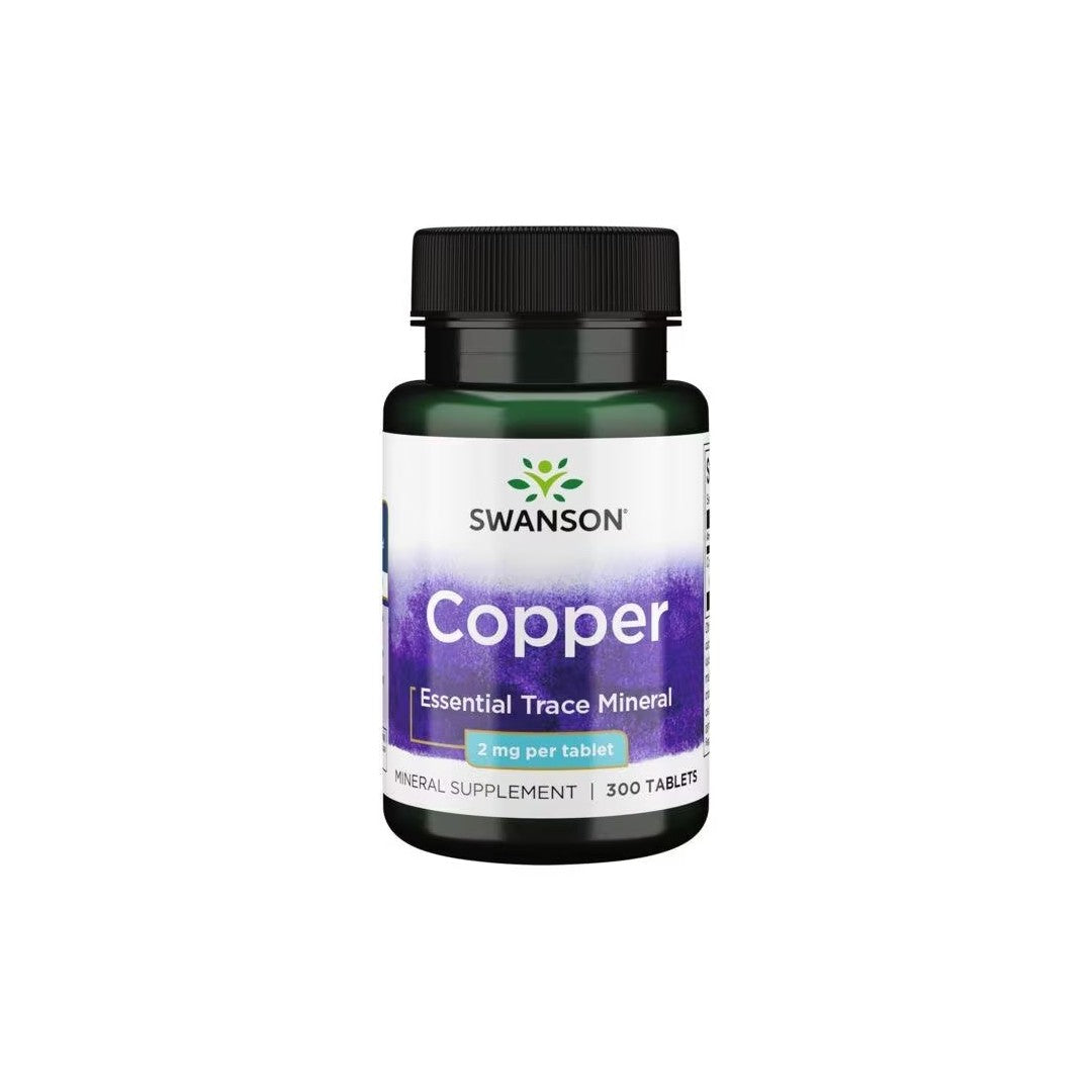 A bottle of Swanson Albion Chelated Copper 2 mg 300 Tablets supplement containing 300 tablets with 2 mg per tablet, labeled as an essential trace mineral.