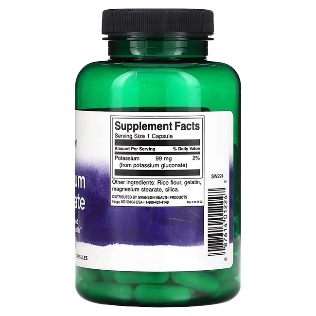 A bottle of Swanson Potassium Gluconate 99 mg (100 Capsules) features a clear label displaying supplement facts, promoting cardiovascular health and electrolyte balance.