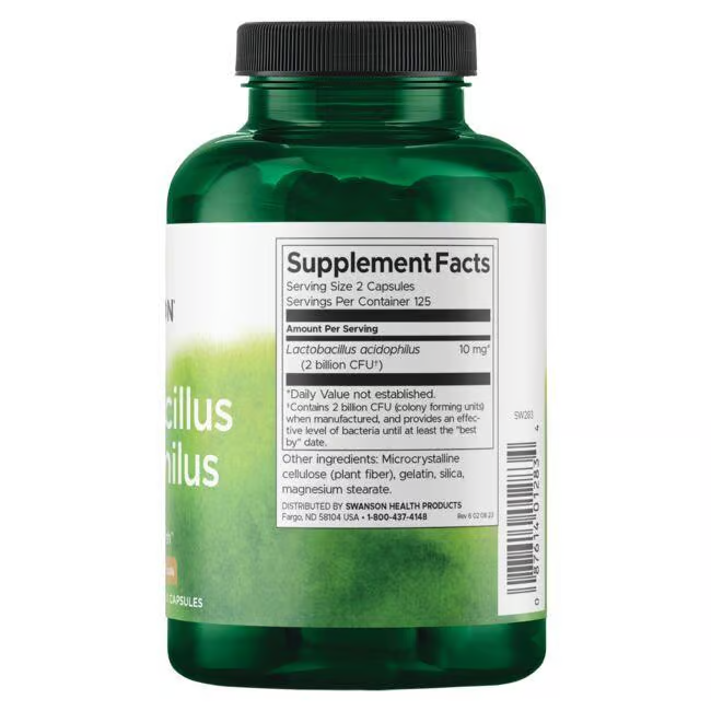 A green bottle of Swanson's Lactobacillus Acidophilus - 250 capsules with a white label promotes digestive health and bowel regularity, highlighting Lactobacillus acidophilus. Includes other ingredients and distributor info.