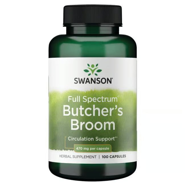 A bottle of Swanson Butcher's Broom 470 mg contains 100 capsules, labeled as a Full Spectrum herbal supplement for circulatory system support.