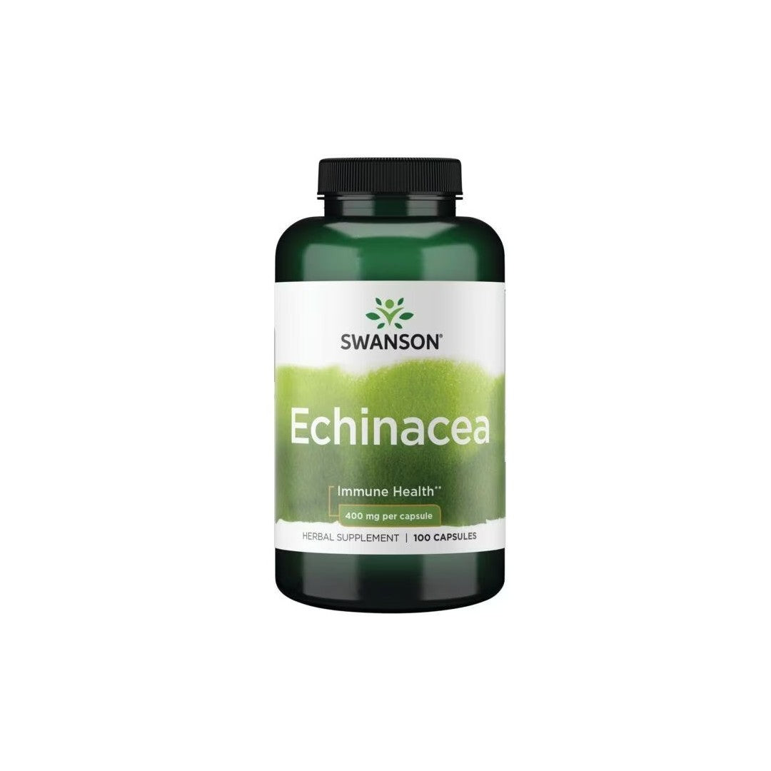 Bottle of Swanson Echinacea 400 mg 100 Capsules herbal supplement with anti-inflammatory properties, labeled for immune system support.