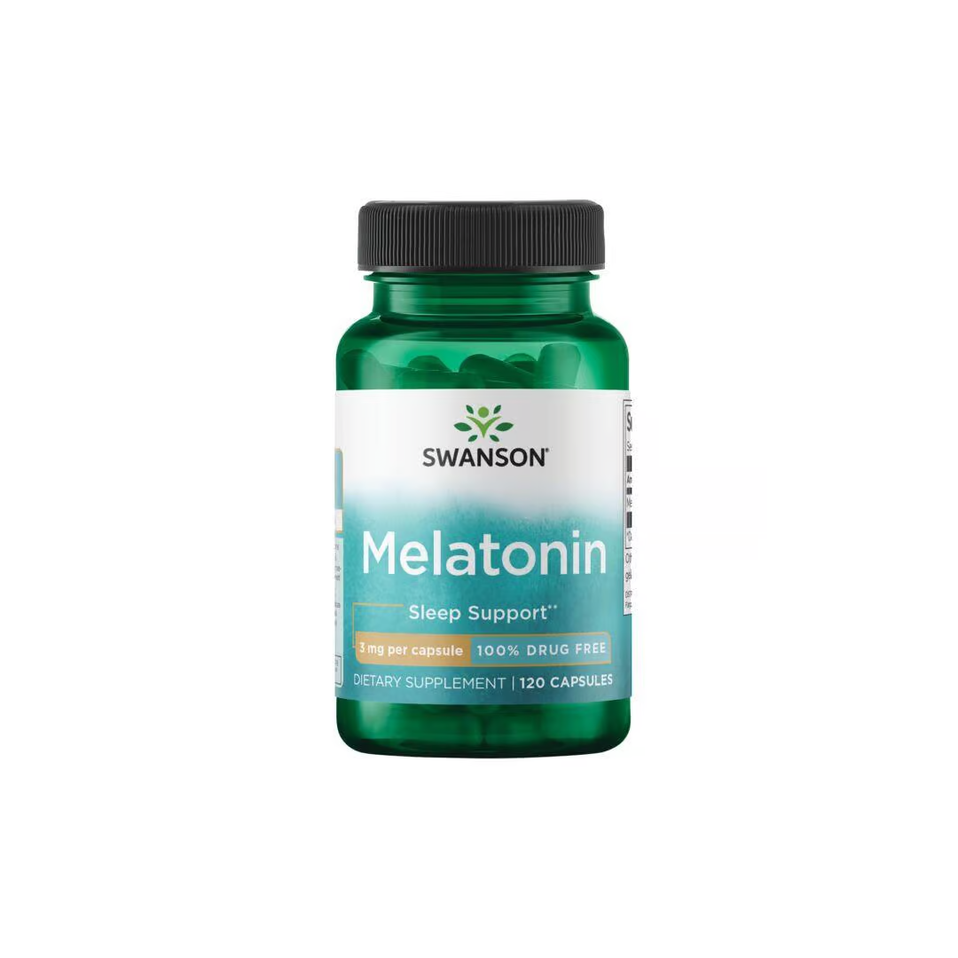 Swanson Melatonin, a dietary supplement in a green bottle, supports your sleep-wake cycle with 120 capsules, each containing 3 mg of melatonin for sleep support.