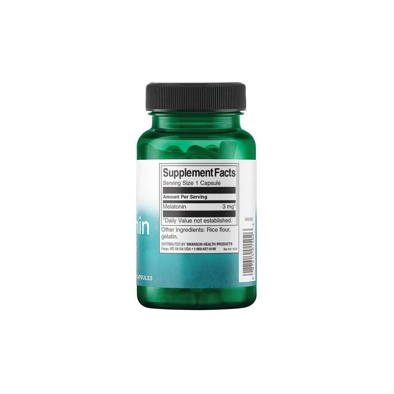 Eine Flasche Swanson Melatonin - 3 mg 120 Kapseln auf einem weißen Hintergrund.