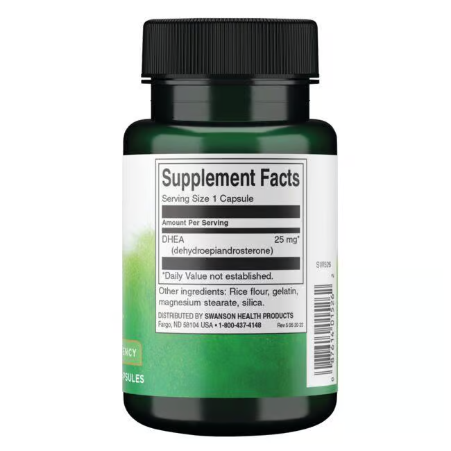 Swanson's DHEA 25 mg High Potency supplement comes in a green bottle, featuring 120 capsules. The label highlights it as a hormone precursor with rice flour, gelatin, magnesium stearate, and silica among its ingredients.