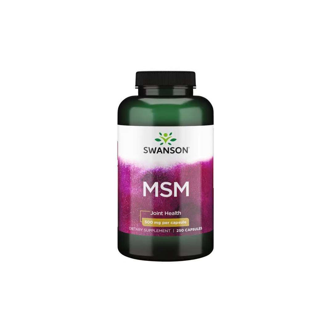 The Swanson MSM Joint Health supplement comes in a bottle of 250 capsules, each containing 500 mg of methylsulfonylmethane, an organic sulfur compound.