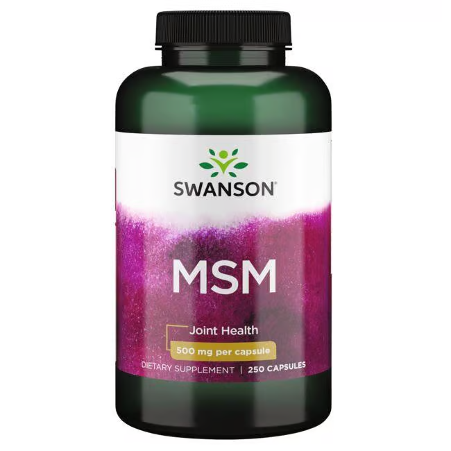 Swanson's MSM 500 mg supplement provides joint health support with organic sulfur compounds, featuring 250 capsules per bottle.