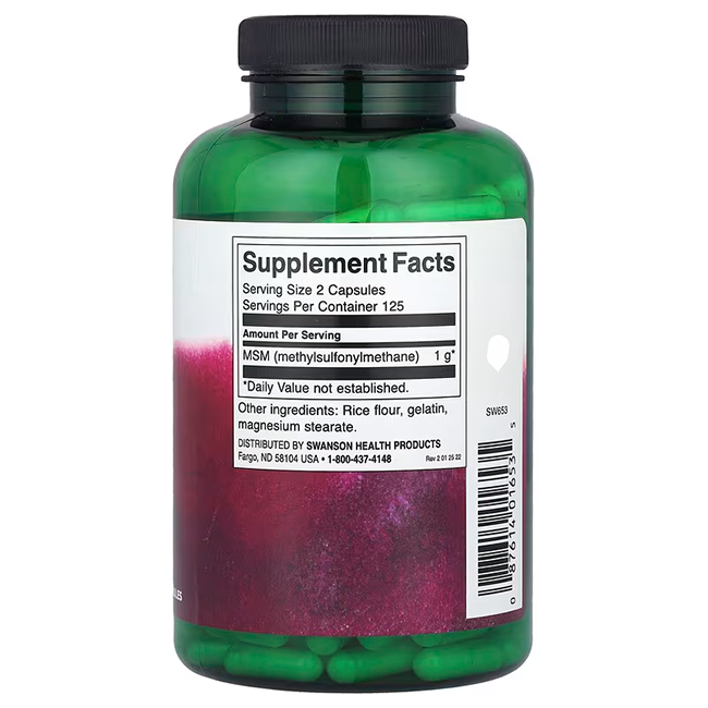 Swanson's MSM 500 mg 250 Capsules feature a Supplement Facts label and include MSM, rice flour, gelatin, and magnesium stearate. Packaged in a green bottle with 125 servings per container, they provide a generous supply for your wellness needs.