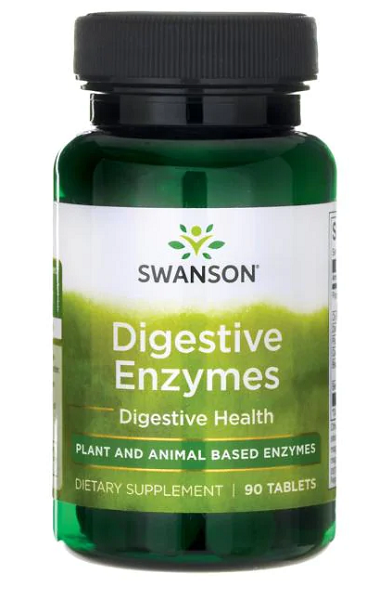 Bottle of Swanson Digestive Enzymes 90 Tablets dietary supplement for carbohydrates, proteins, and fats digestion.