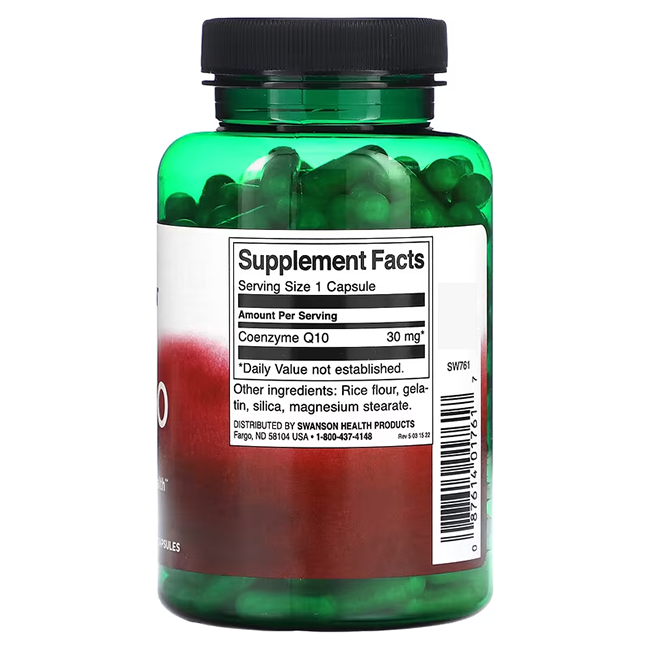 Swanson's product offers Coenzyme Q10 30 mg per capsule in a green bottle labeled "Coenzyme Q10 30 mg 240 Capsules," promoting cardiovascular health and energy production, with detailed supplement facts and other ingredients.