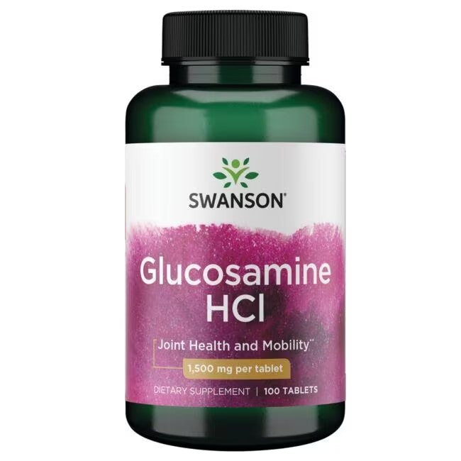 A bottle of Swanson Glucosamine HCI 1500 mg 100 Tablets, labeled for joint health and mobility with 1,500 mg per tablet, containing 100 tablets. It’s designed for optimal joint support and cartilage regeneration.