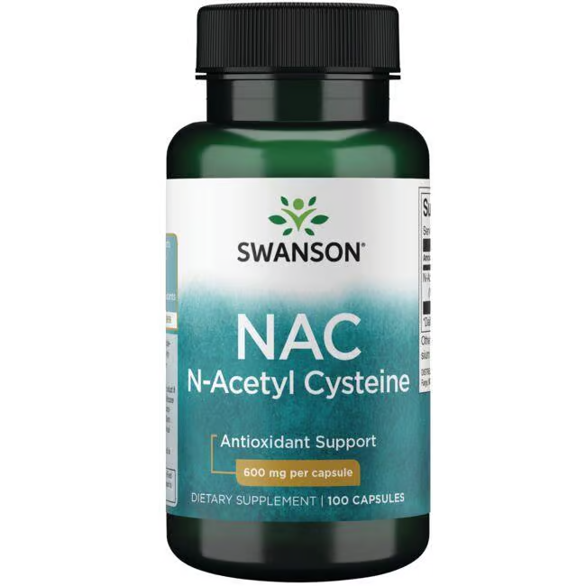 A bottle labeled "NAC - N-Acetyl Cysteine 600 mg 100 Capsules" from Swanson offers this potent dietary supplement, with each green capsule providing 600 mg of antioxidant support.