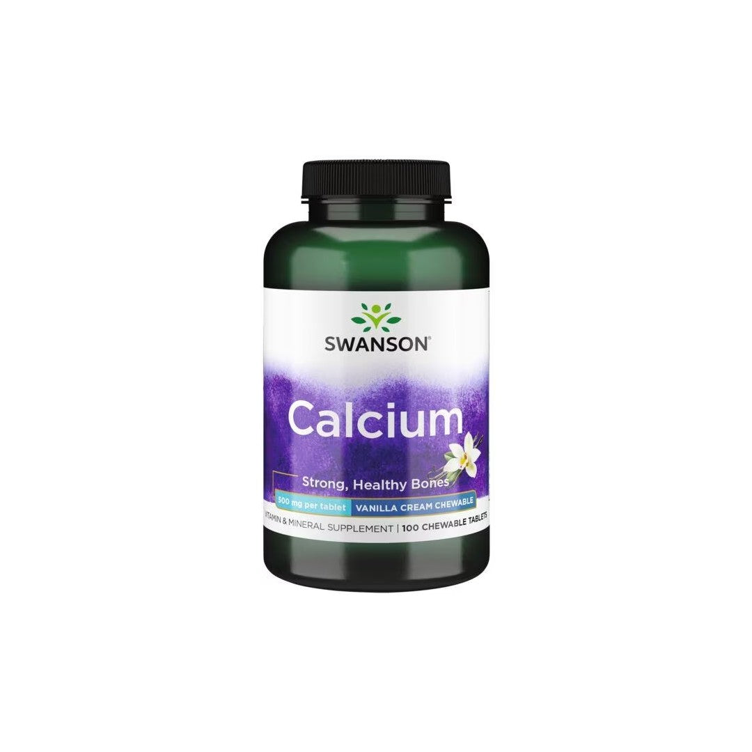 A bottle of Swanson Calcium 500 mg 100 Vanilla Cream Chewable Tablets targeting strong, healthy bones, displayed on a white background.