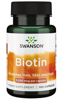 Daumennagel für Nahrungsergänzungsmittel für Haare, Haut und Nägel in 100 Kapseln - Swanson Biotin - 5 mg.