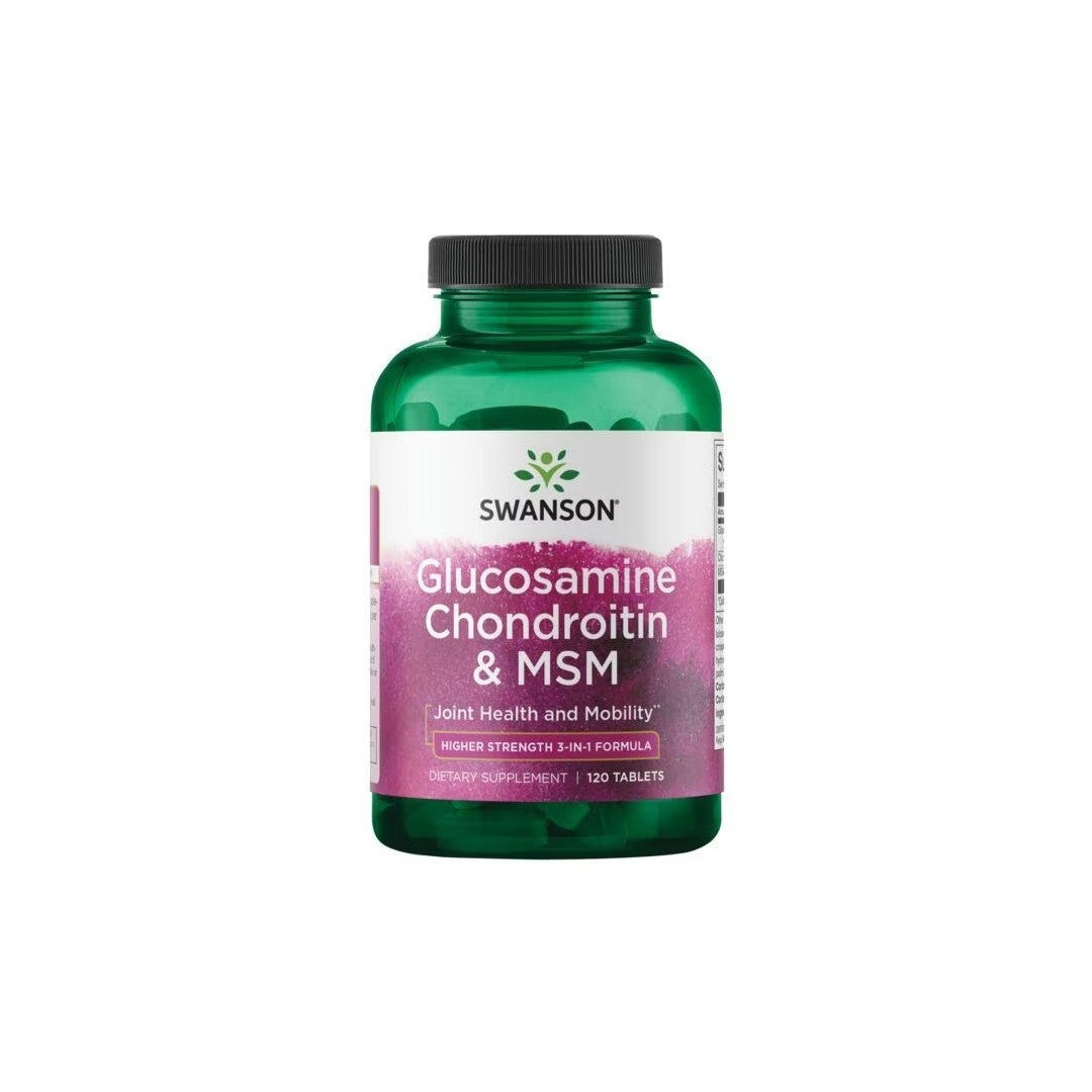 A bottle of Swanson Glucosamine 500 mg, Chondroitin 400 mg & MSM 200 mg dietary supplements for joint health contains 120 tablets.