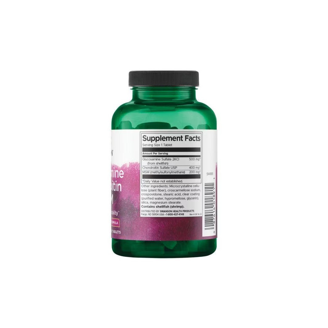 A green bottle of Swanson Glucosamine 500 mg, Chondroitin 400 mg & MSM 200 mg 120 Tablets supplement with a label showing nutritional information.