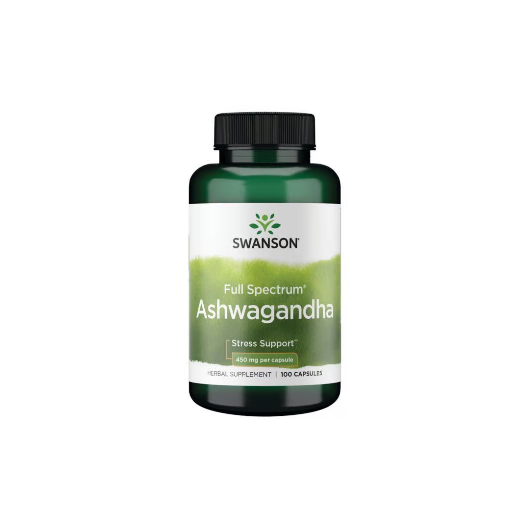 A bottle of Swanson Ashwagandha, labeled "Stress Support," contains 100 capsules with 450 mg each of this renowned Ayurvedic adaptogen.