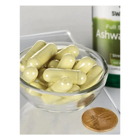 Thumbnail for A small glass bowl of yellow capsules is next to a Swanson Ashwagandha 450 mg bottle containing 100 capsules, an adaptogen from Ayurvedic medicine, with a penny for size reference.