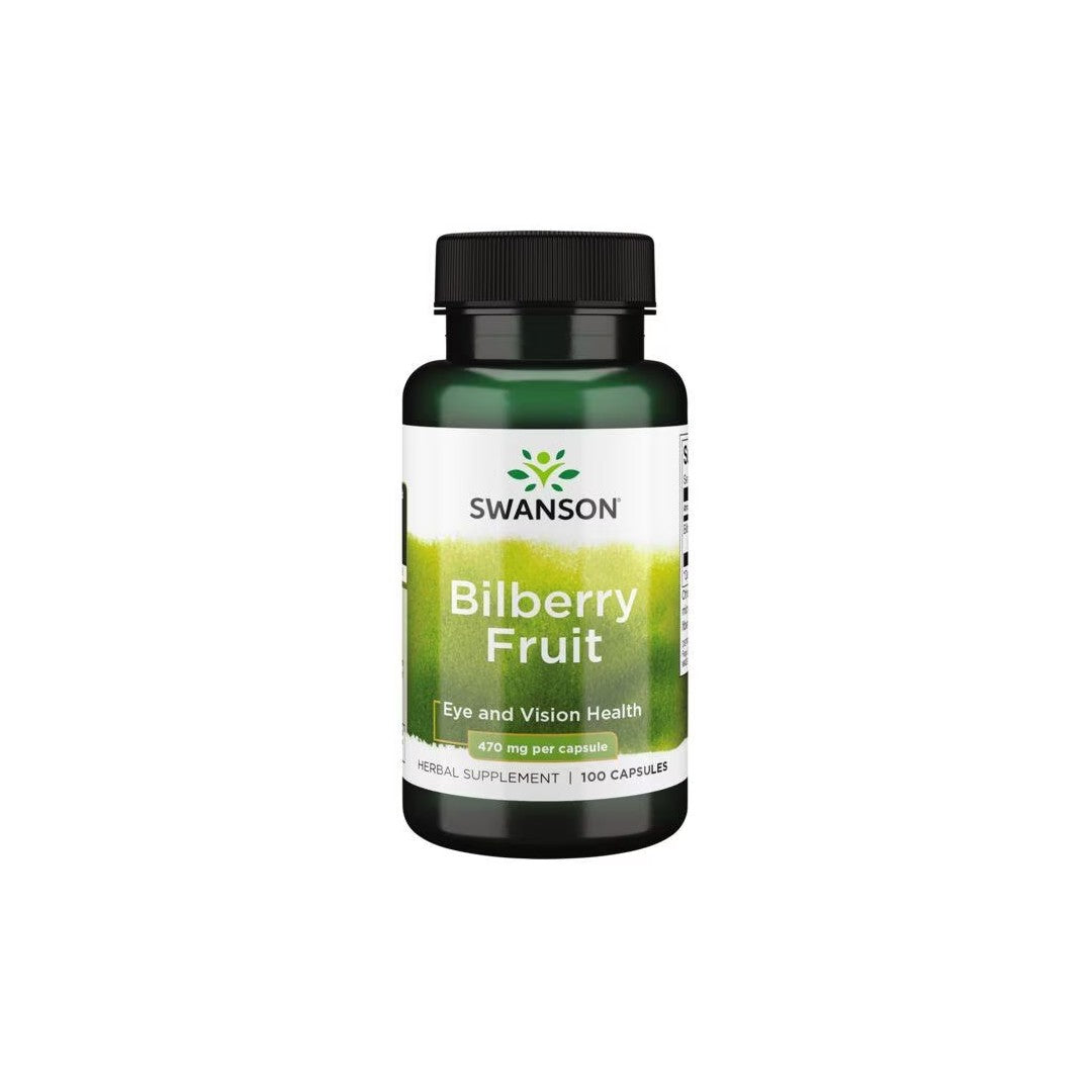A bottle of Swanson Bilberry Fruit 470 mg 100 Capsules supplement, rich in antioxidants, for eye and vision health.
