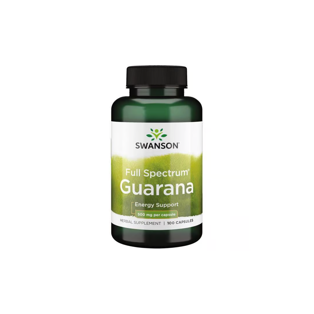 Swanson's "Full Spectrum Guarana" offers 500 mg of caffeine-rich guarana per capsule for energy support, with 100 capsules in a green bottle designed for optimal energy production.