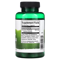 Thumbnail for The Swanson Full Spectrum Guarana 500 mg capsules come in a green bottle with a black cap. Known for supporting energy, each capsule contains 500 mg and is enhanced with caffeine. The label details supplement facts and other ingredients.