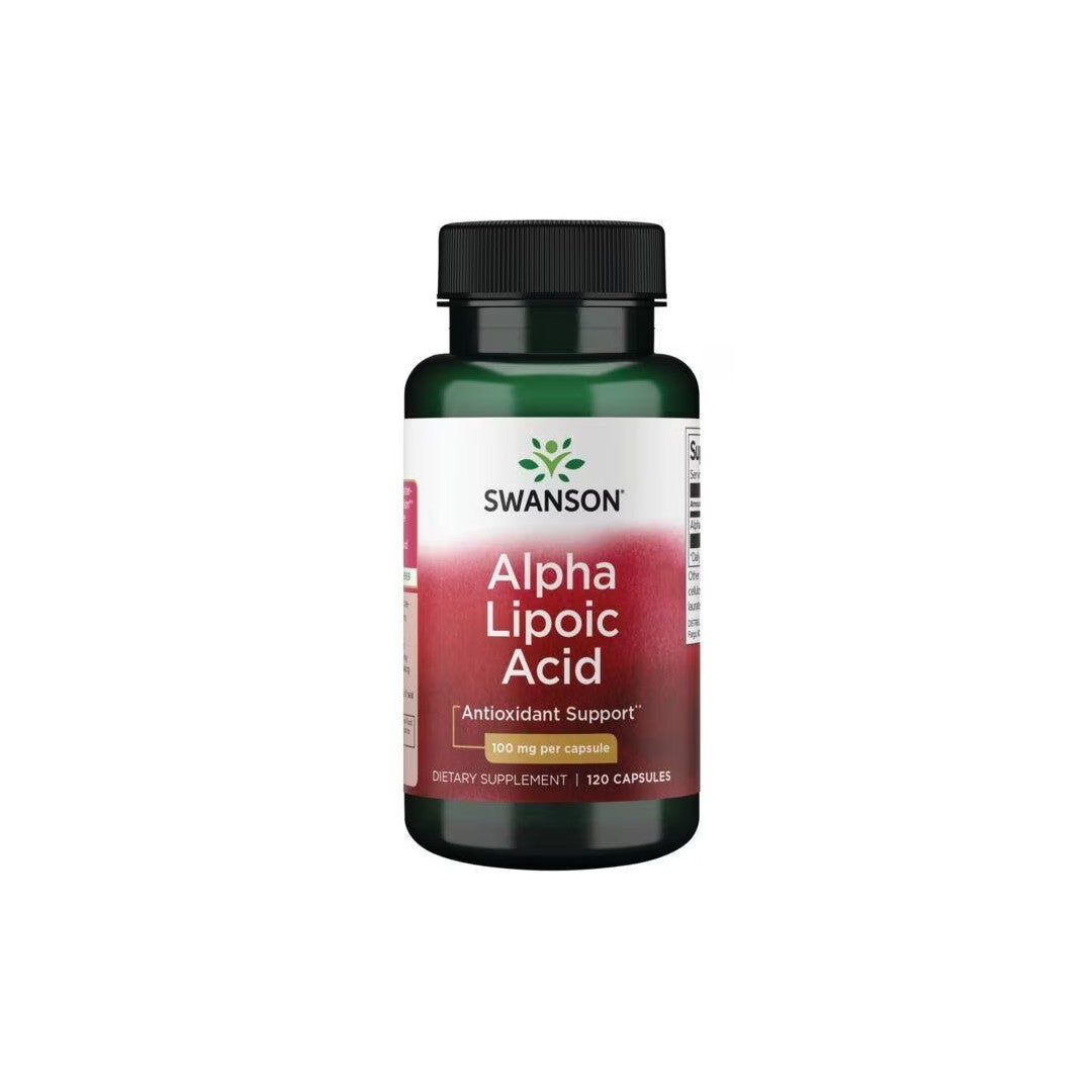 A bottle of Swanson Alpha Lipoic Acid 100 mg dietary supplement, featuring antioxidant properties and containing 120 capsules.