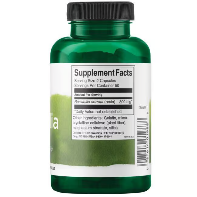 The green "Swanson Boswellia" supplement bottle promotes joint health, detailing 400 mg of Boswellia serrata (Indian frankincense) per capsule, listing gelatin and magnesium stearate as ingredients.