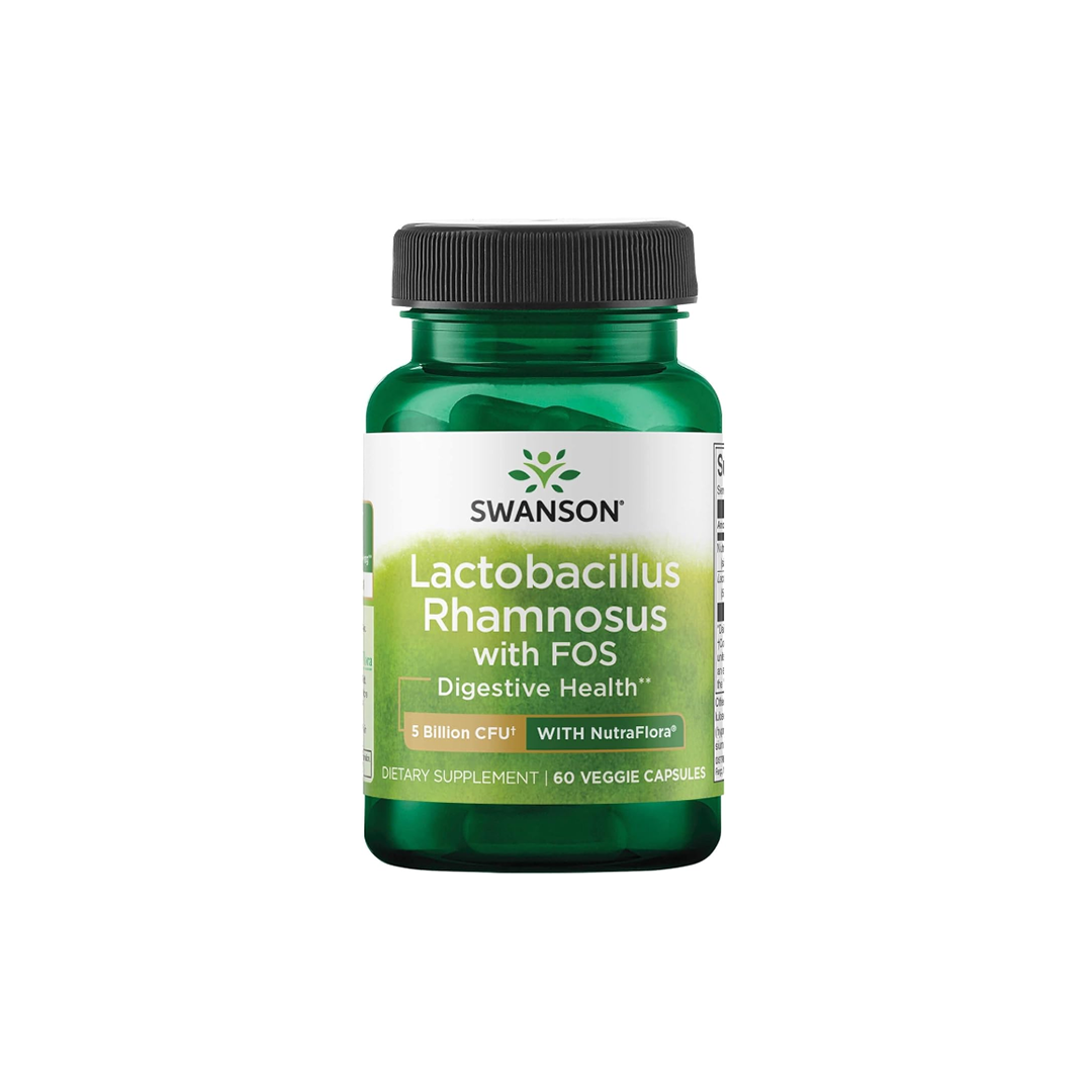 A green bottle labeled "Swanson Lactobacillus Rhamnosus with FOS" contains 60 veggie capsules formulated to support digestive health.