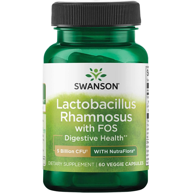 The "Lactobacillus Rhamnosus with FOS" bottle from Swanson, featuring a green label, contains 60 veggie capsules. It emphasizes digestive health benefits and includes "5 Billion CFU with prebiotic NutraFlora® scFOS for optimal gut support.