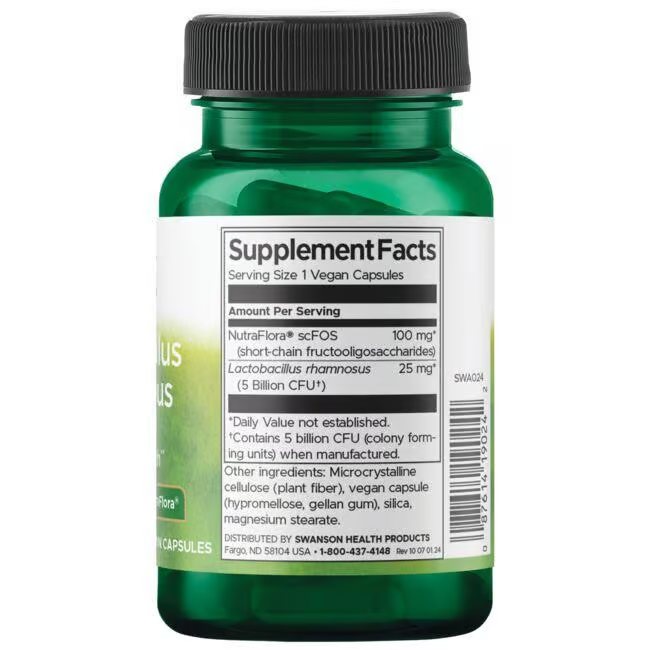 A bottle of Swanson's Lactobacillus Rhamnosus with FOS 60 Veggie Capsules features a green label that highlights ingredients such as NutraFlora® scFOS, which are vital for digestive health, along with serving information and manufacturer details.