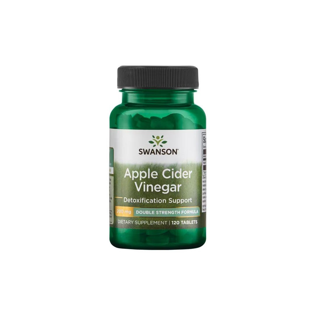 A bottle of Swanson Apple Cider Vinegar 200 mg 120 Tablets, labeled as a weight management and detoxification support dietary supplement.
