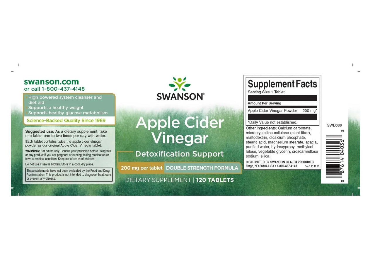 Label of Swanson Apple Cider Vinegar 200 mg, 120 Tablets with supplement facts, contact information, and product claims including “Science-Backed Quality Since 1969” and support for healthy weight management and glucose metabolism.