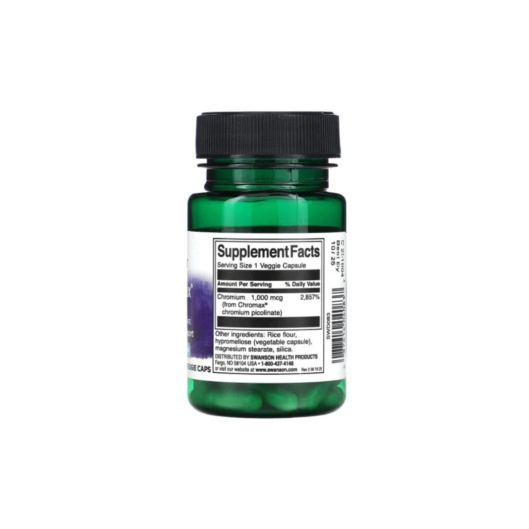 A green bottle of Swanson's Chromium Picolinate Chromax 1000 mcg dietary supplement, ideal for aiding glucose metabolism and body weight control, features a white label displaying supplement facts and additional information. This product comes in a package of 60 veggie capsules.