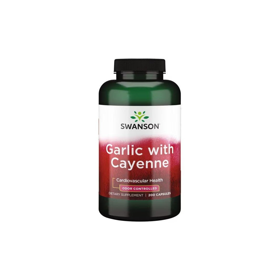 A bottle of Swanson Garlic with Cayenne Odor Controlled 200 Capsules dietary supplement capsules for immune and cardiovascular system support.