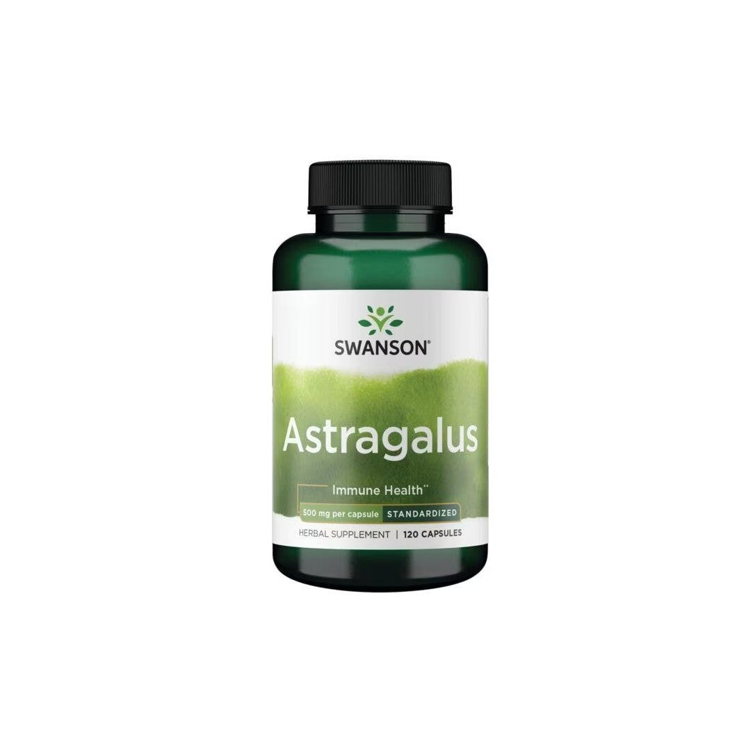 A green bottle of Swanson Astragalus - Standardized 500 mg 120 Capsules, labeled for immune health and boasting standardized purity and potent antioxidant properties.