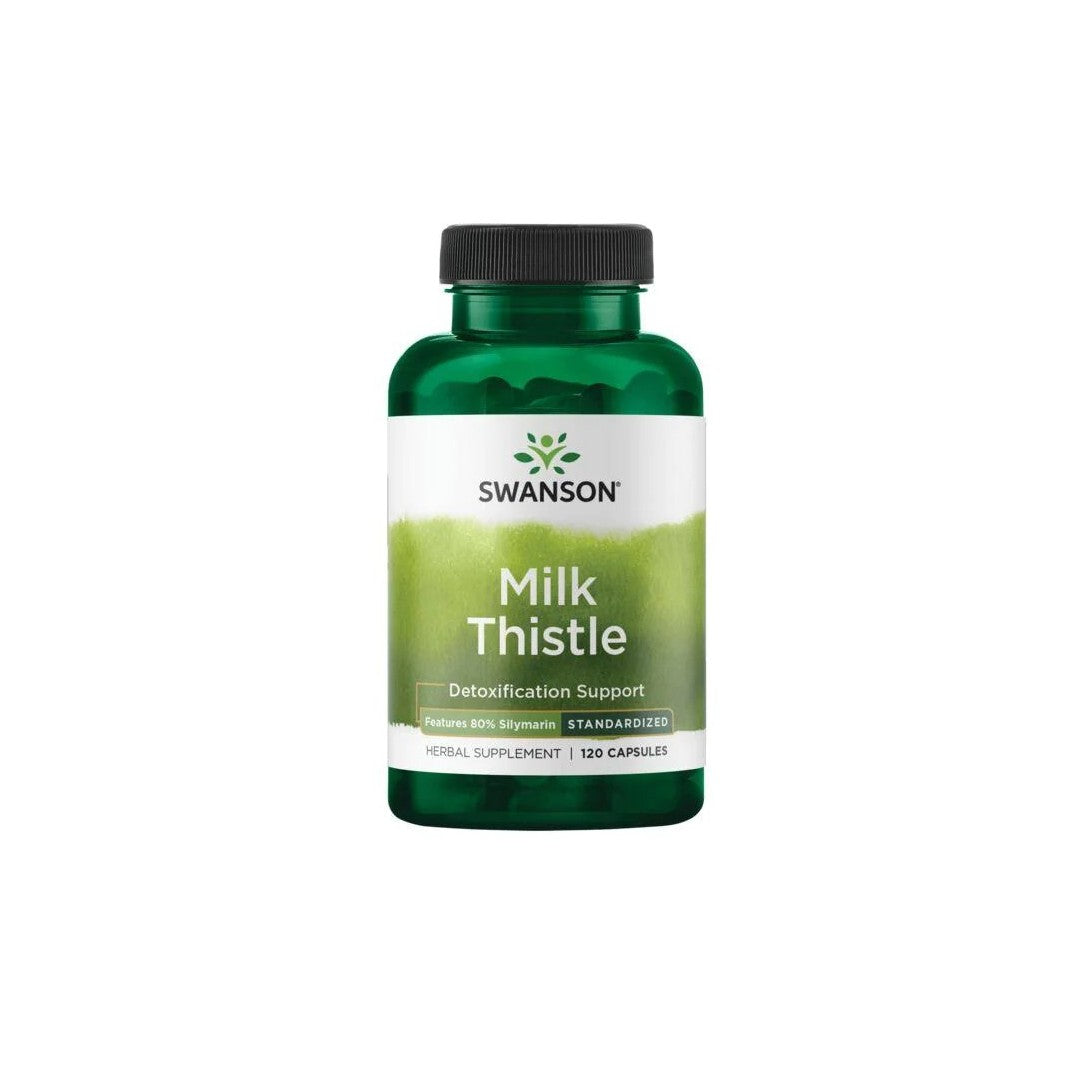 A bottle of Swanson Milk Thistle capsules for liver support and detoxification, containing 120 herbal supplement capsules rich in Silymarin.