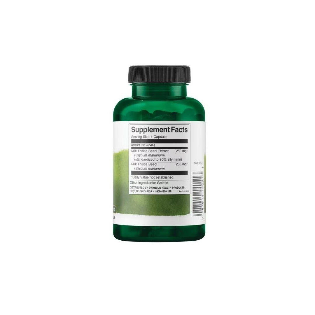 A green bottle of Swanson's Milk Thistle dietary supplements with a label showing supplement facts, including Milk Thistle for liver support.