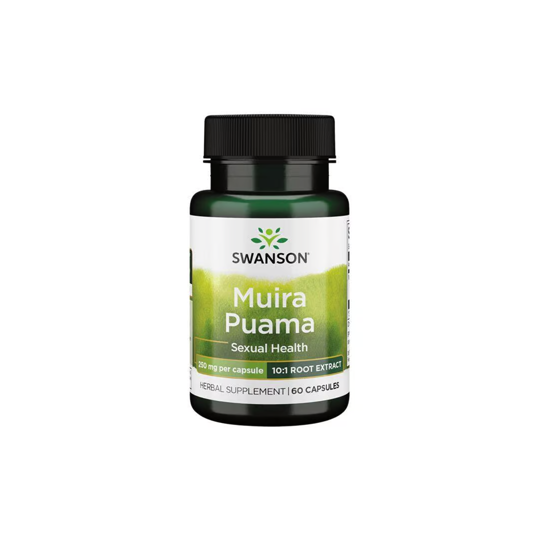 The Swanson Muira Puama herbal supplement, known for its aphrodisiac properties, comes in a bottle with 60 capsules. Each capsule contains a 500 mg dose of potent 10:1 root extract for sexual health.