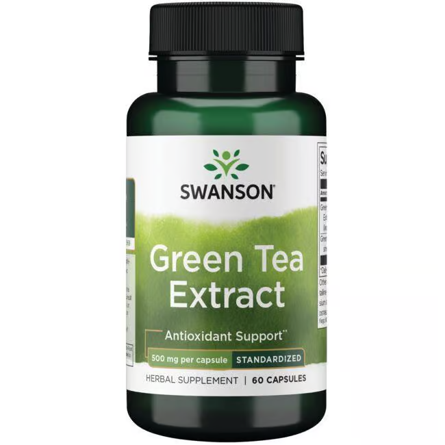 Swanson's Green Tea Extract 500 mg offers antioxidant support with 500 mg of polyphenols per capsule, featuring 60 capsules to enhance your wellness routine.