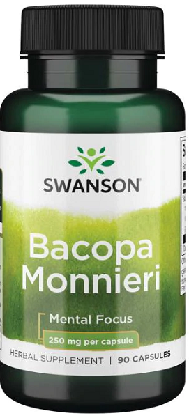 Swanson Bacopa Monnieri ist ein Nahrungsergänzungsmittel für geistige Konzentration, das 250 mg in 90 Kapseln enthält.