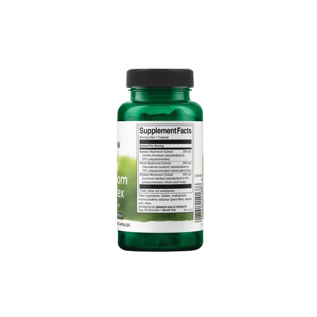 Green plastic bottle of Swanson Triple Mushroom Complex 60 Capsules dietary supplements showing the supplement facts label for immune system support.