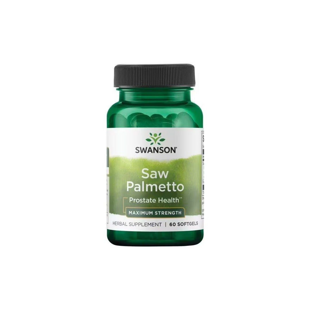 Bottle of Swanson Saw Palmetto Maximum Strength 320 mg dietary supplement for prostate and urinary tract support, containing 60 softgels.