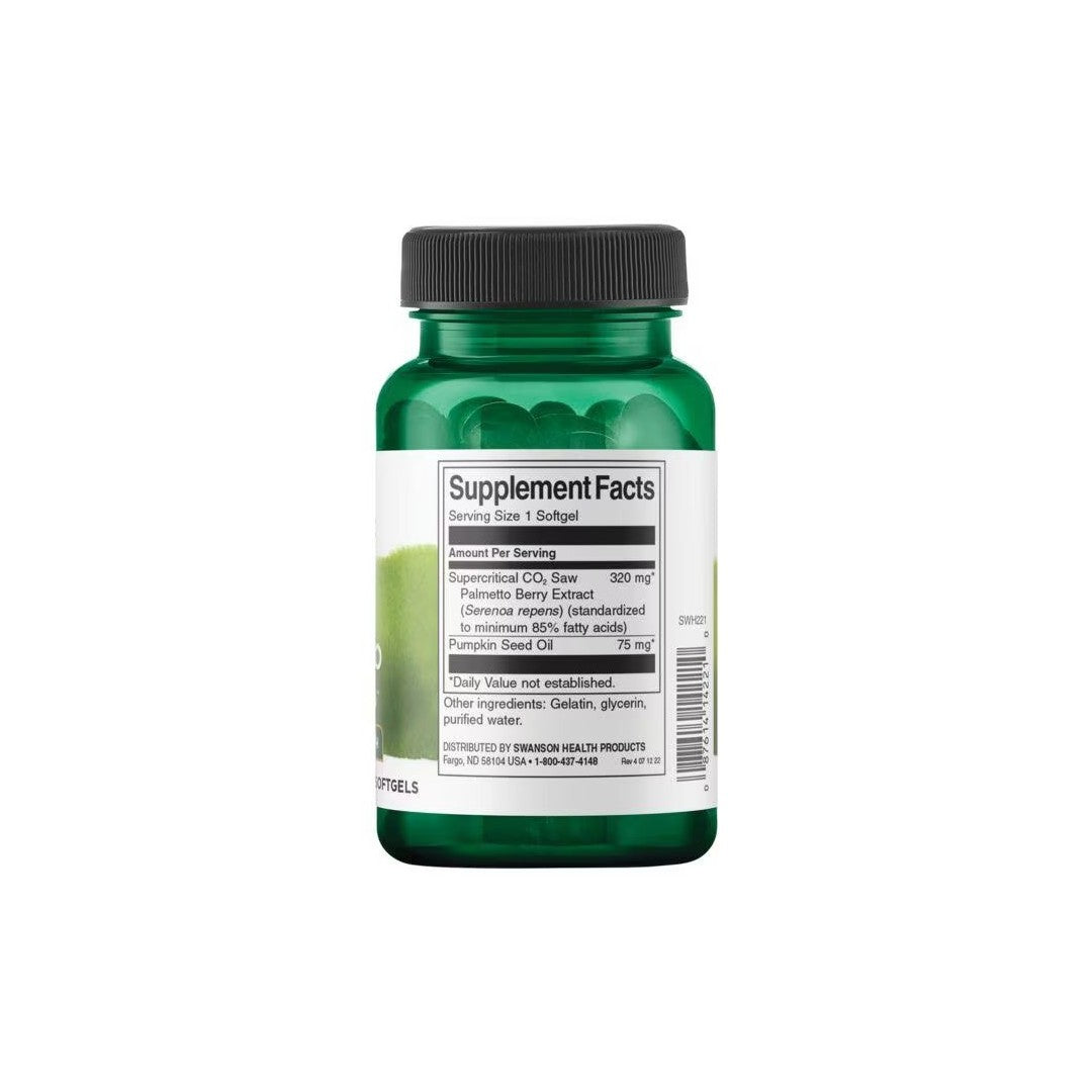 A green bottle of Swanson Saw Palmetto Maximum Strength 320 mg 60 Softgels displaying the supplement facts label for Prostate Support.