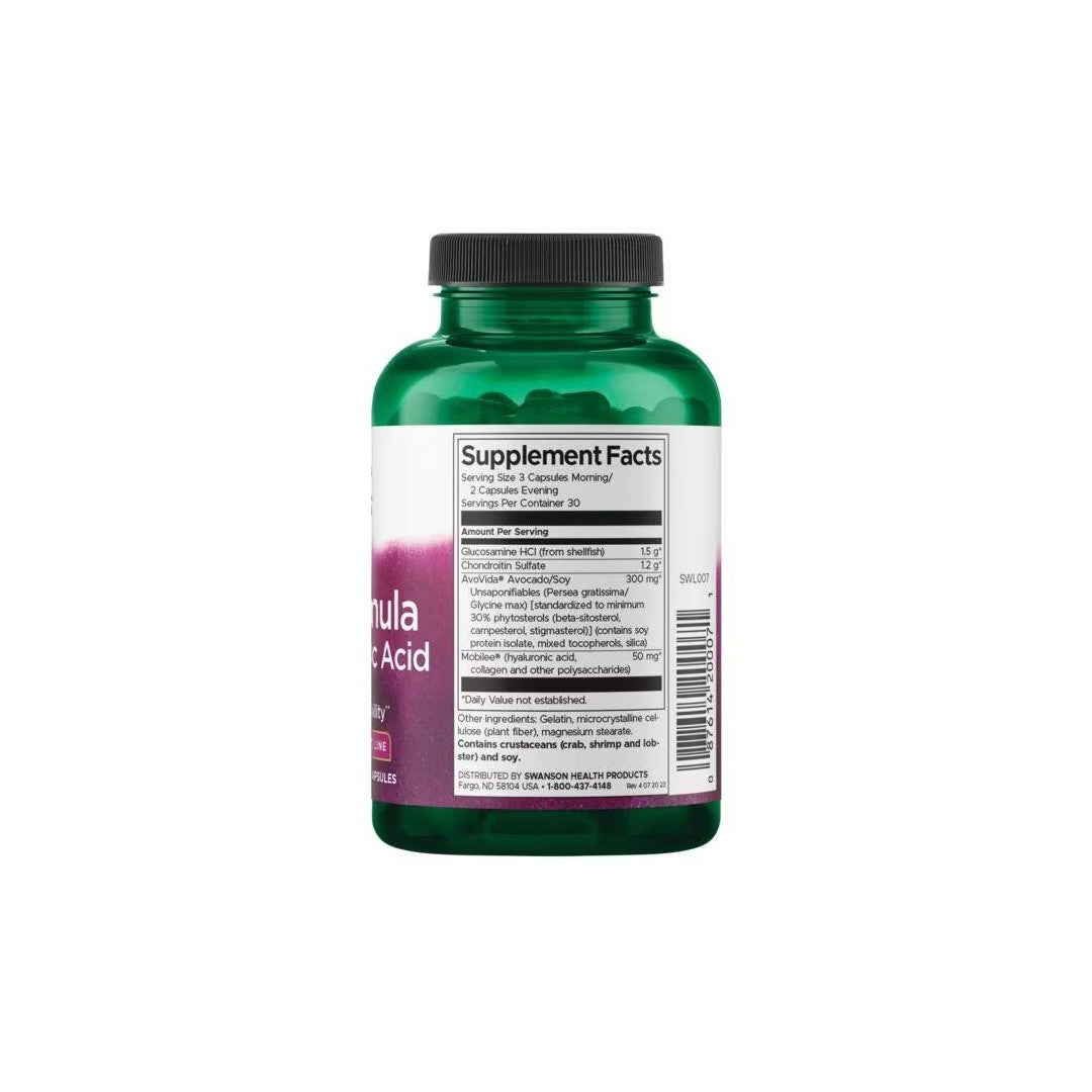 A green bottle with a white label listing supplement facts for Swanson's Joint Formula with Hyaluronic Acid and Glucosamine HCI 150 Capsules.