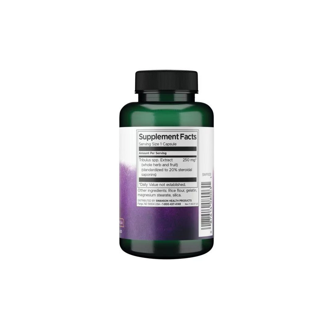A bottle of Swanson Tribulus Terrestris Extract 250 mg 120 Capsules, displaying nutritional information on the label.