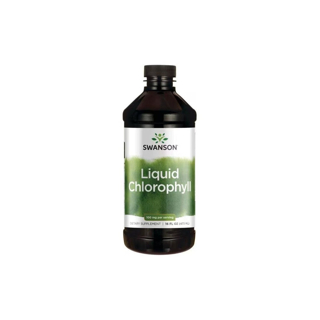 A bottle of Swanson Chlorophyll Liquid 100 mg detoxification supplement, 16 fl oz size, with a green and white label.