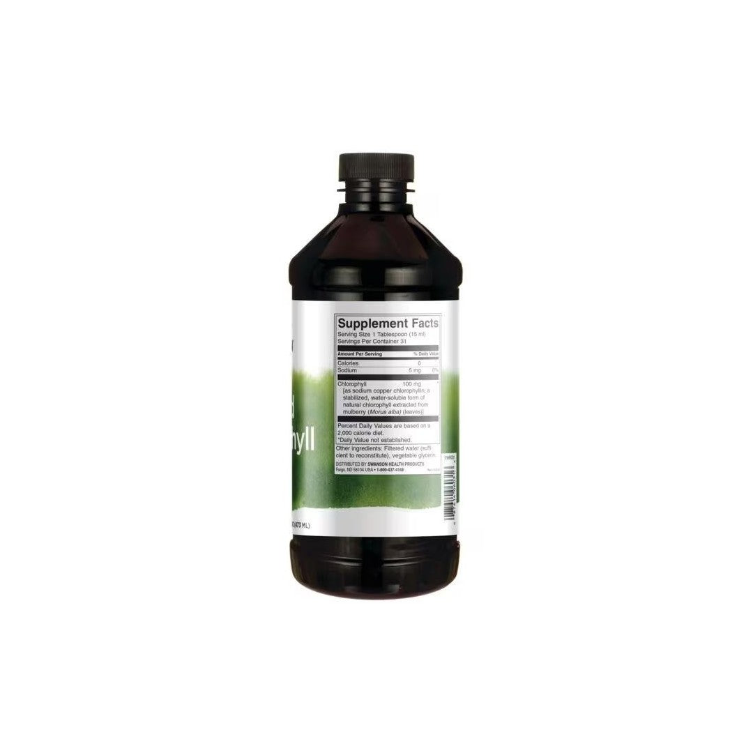 A dark bottle of Swanson Chlorophyll Liquid 100 mg 16 fl oz (473 ml) detoxification supplement with a green and white label showing nutritional information.