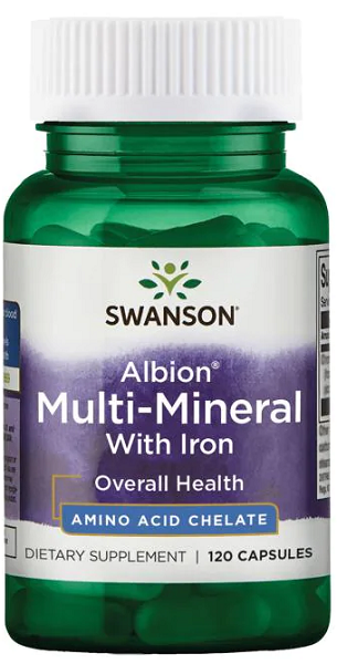 Swanson Multi-Mineral mit Eisen - 120 Kapseln Albion Chelated ist ein hochwertiges Nahrungsergänzungsmittel, das essentielle Mineralien in hoch absorbierbarer Albion Chelatform liefert, einschließlich Aminosäurechelate.