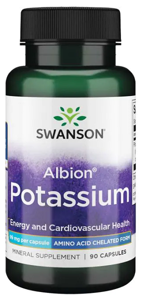 Bottle of Swanson Albion Chelated Potassium Glycinate 99 mg 90 Capsules supplement, marketed for energy and cardiovascular health, including blood pressure support.